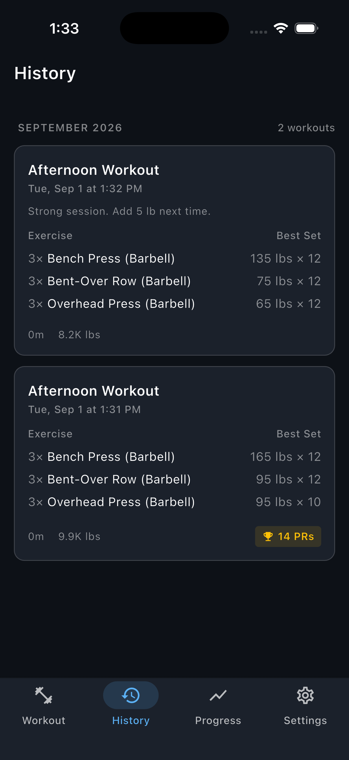 History with a completed upper-body workout card showing a workout note preview above its exercises.
