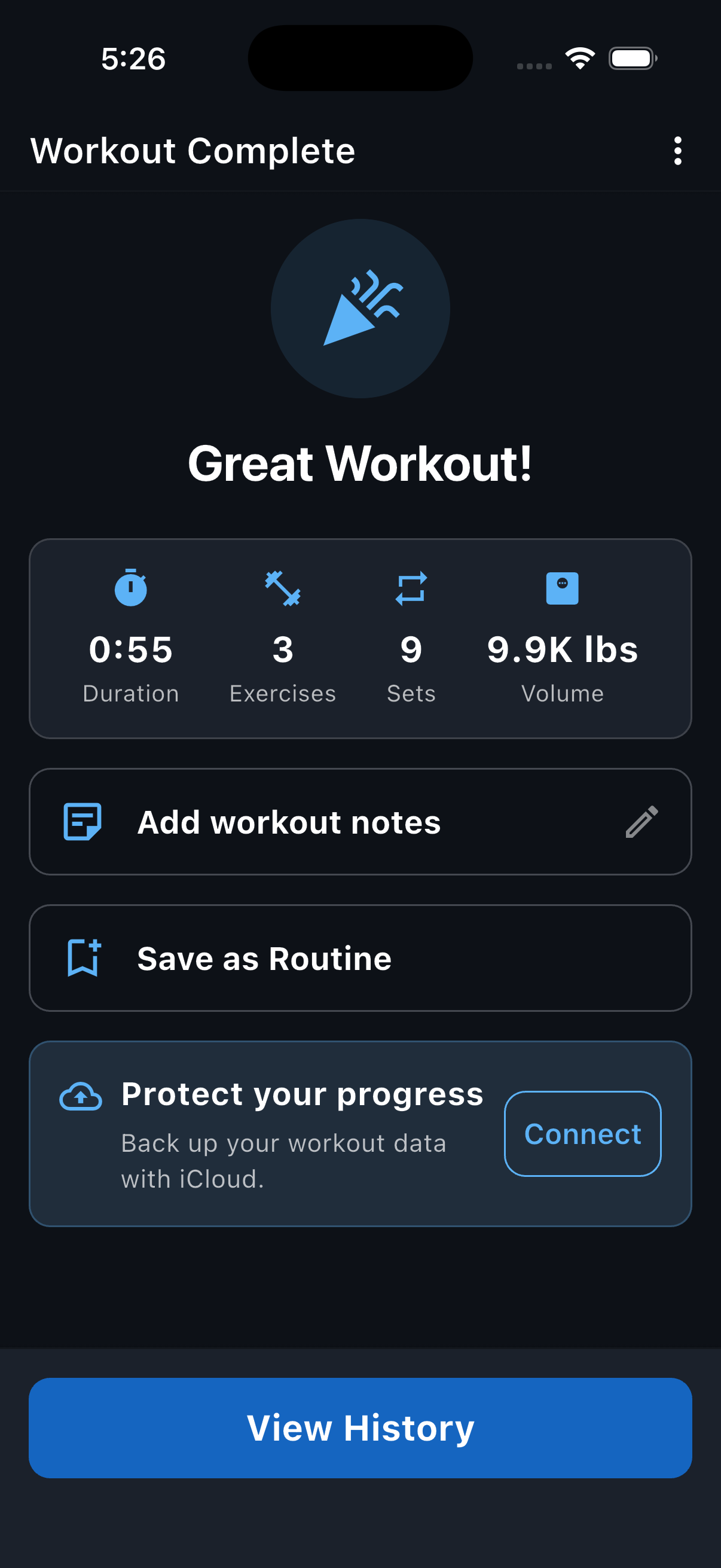 Workout Complete with the Add workout notes action highlighted below the workout stats.