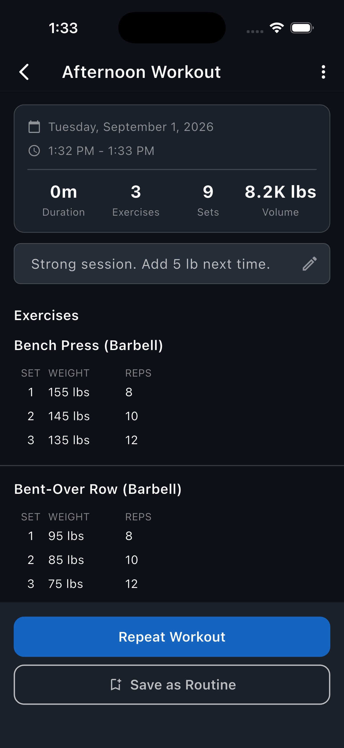 The completed workout detail with the full workout note above the exercise list.