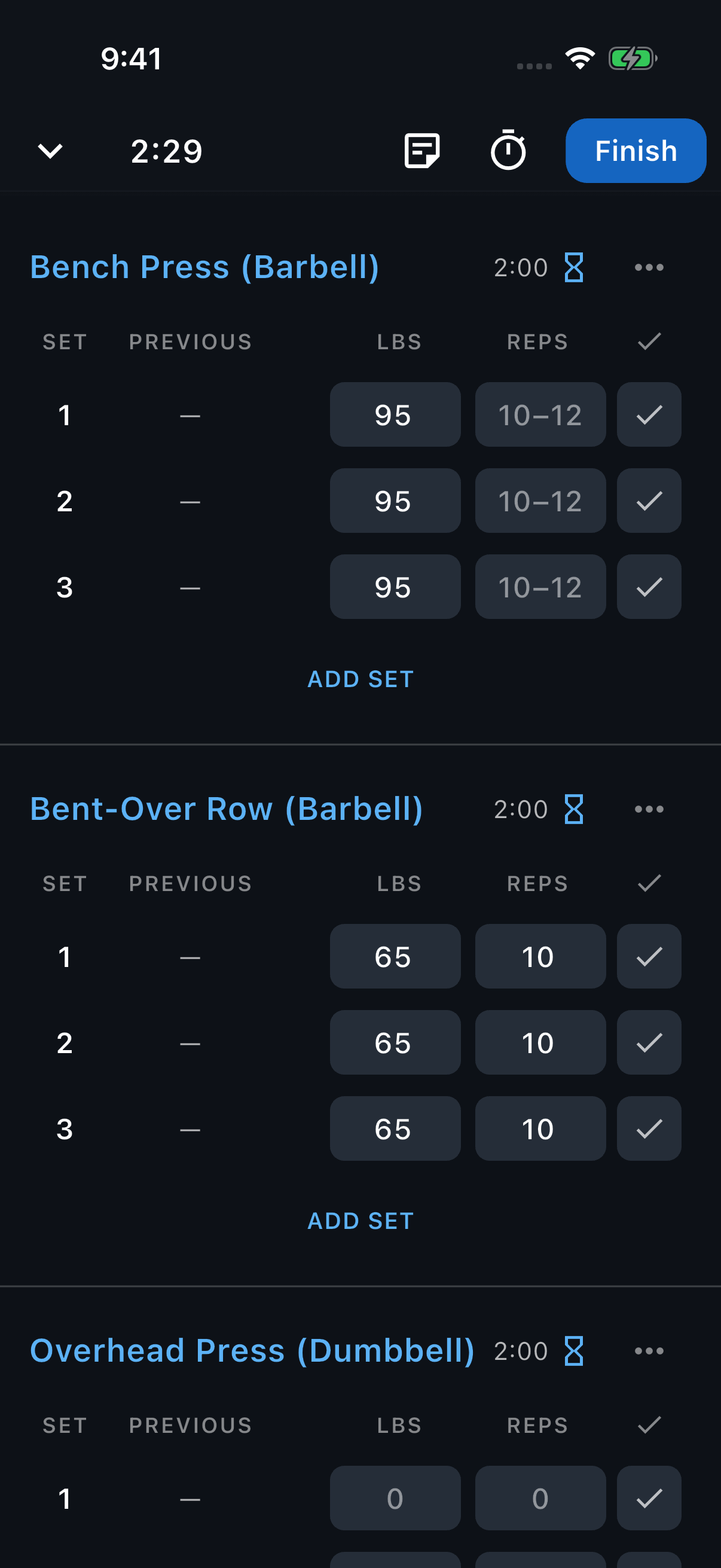 An active Upper Body workout showing 10–12 target reps for Bench Press sets.