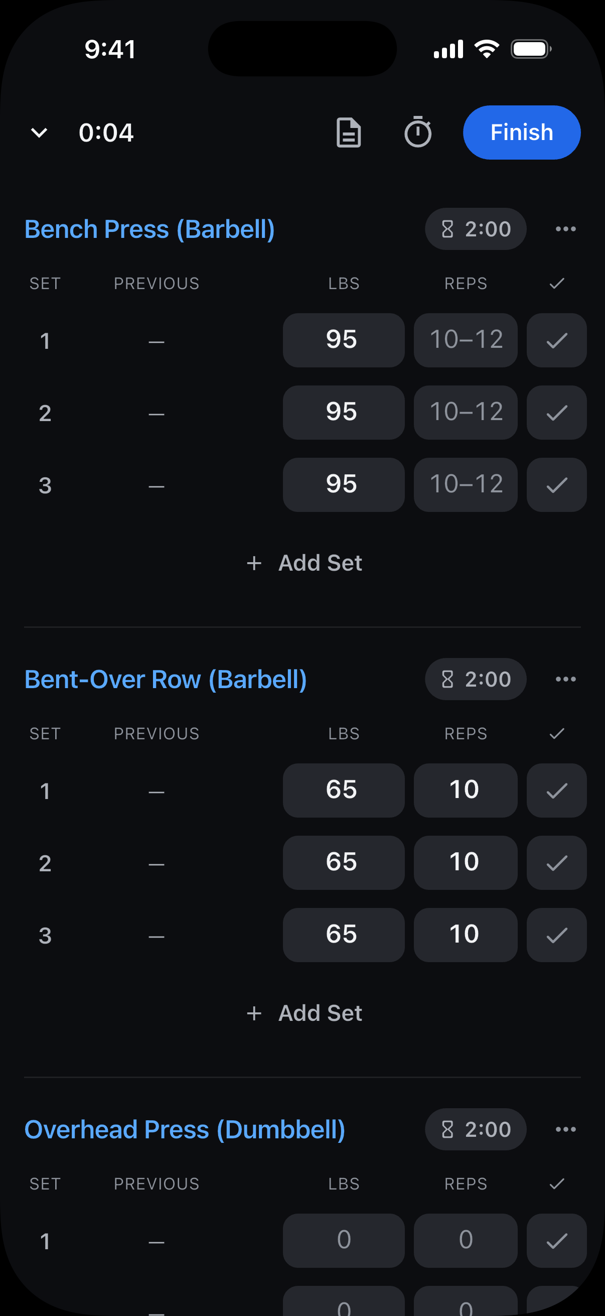 An active Upper Body workout showing 10–12 target reps for Bench Press sets.
