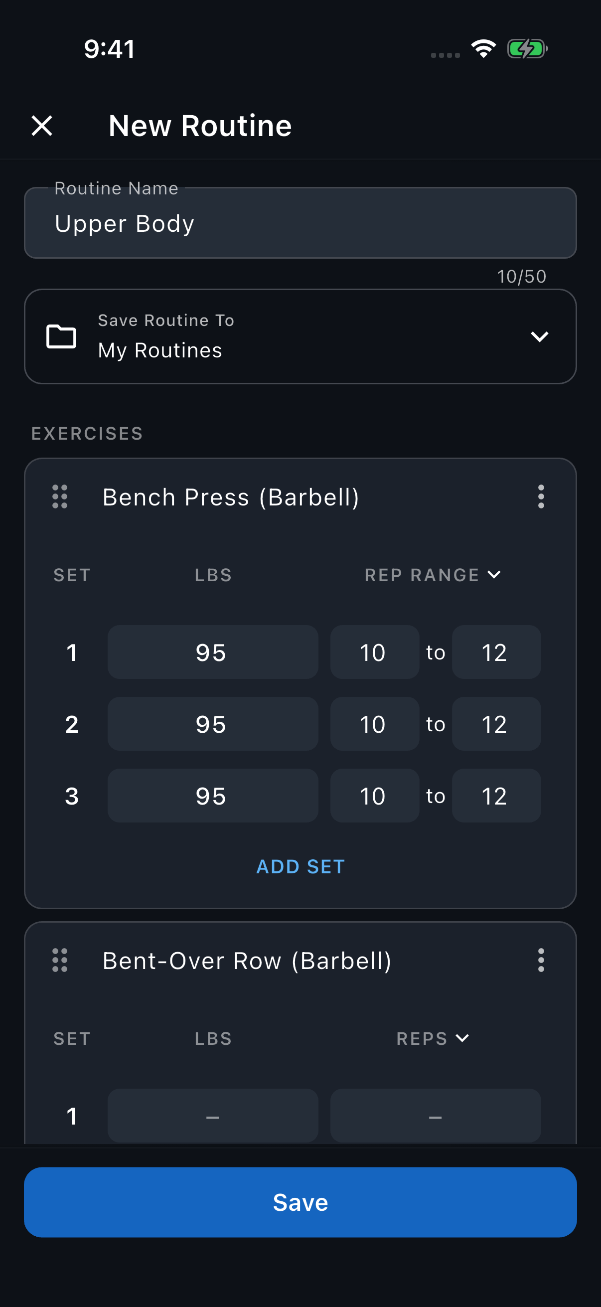 Upper Body routine with Bench Press target rep ranges of 10 to 12.