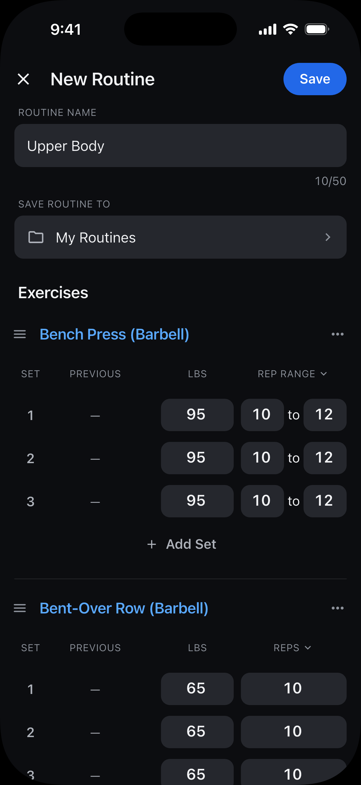 Upper Body routine with Bench Press target rep ranges of 10 to 12.