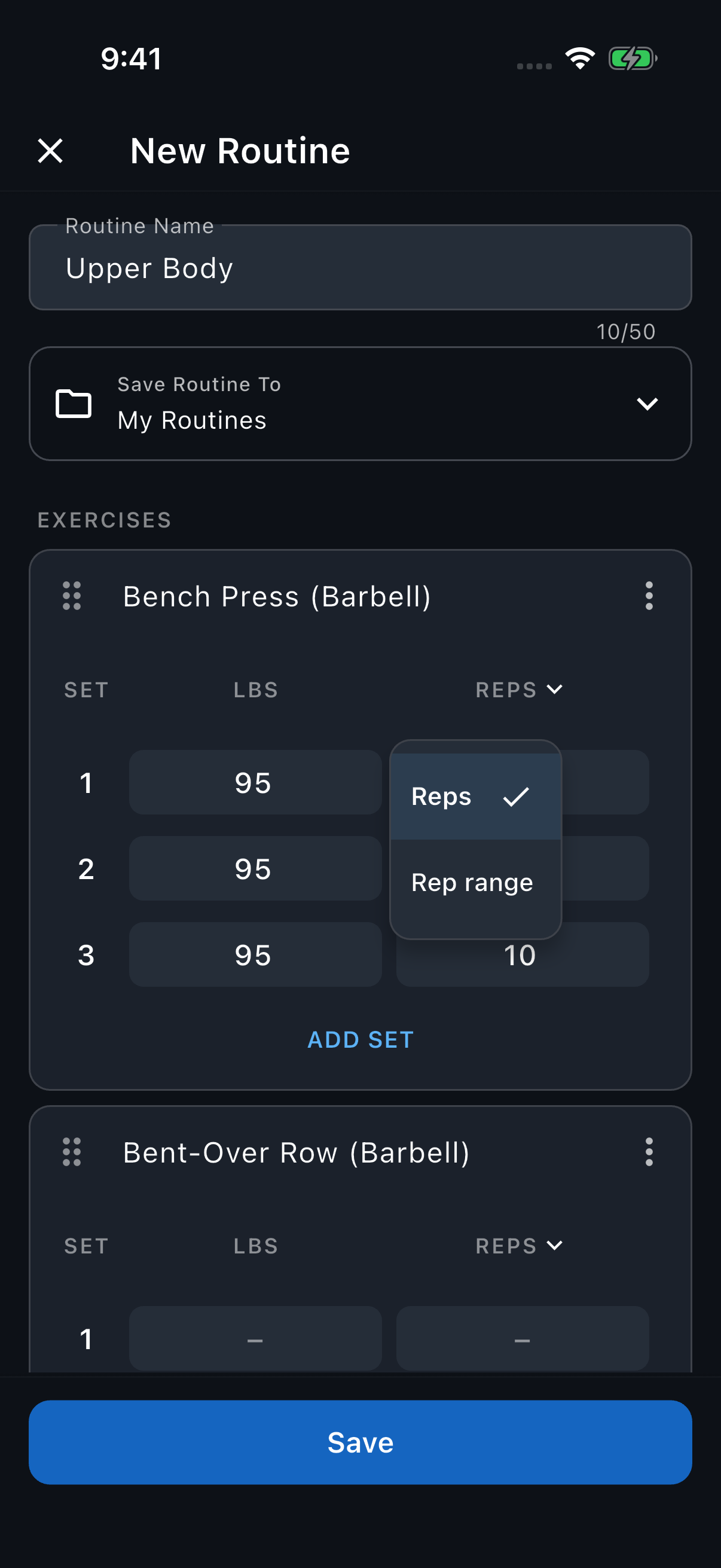Repetition options open above Bench Press sets, with Reps and Rep range choices.