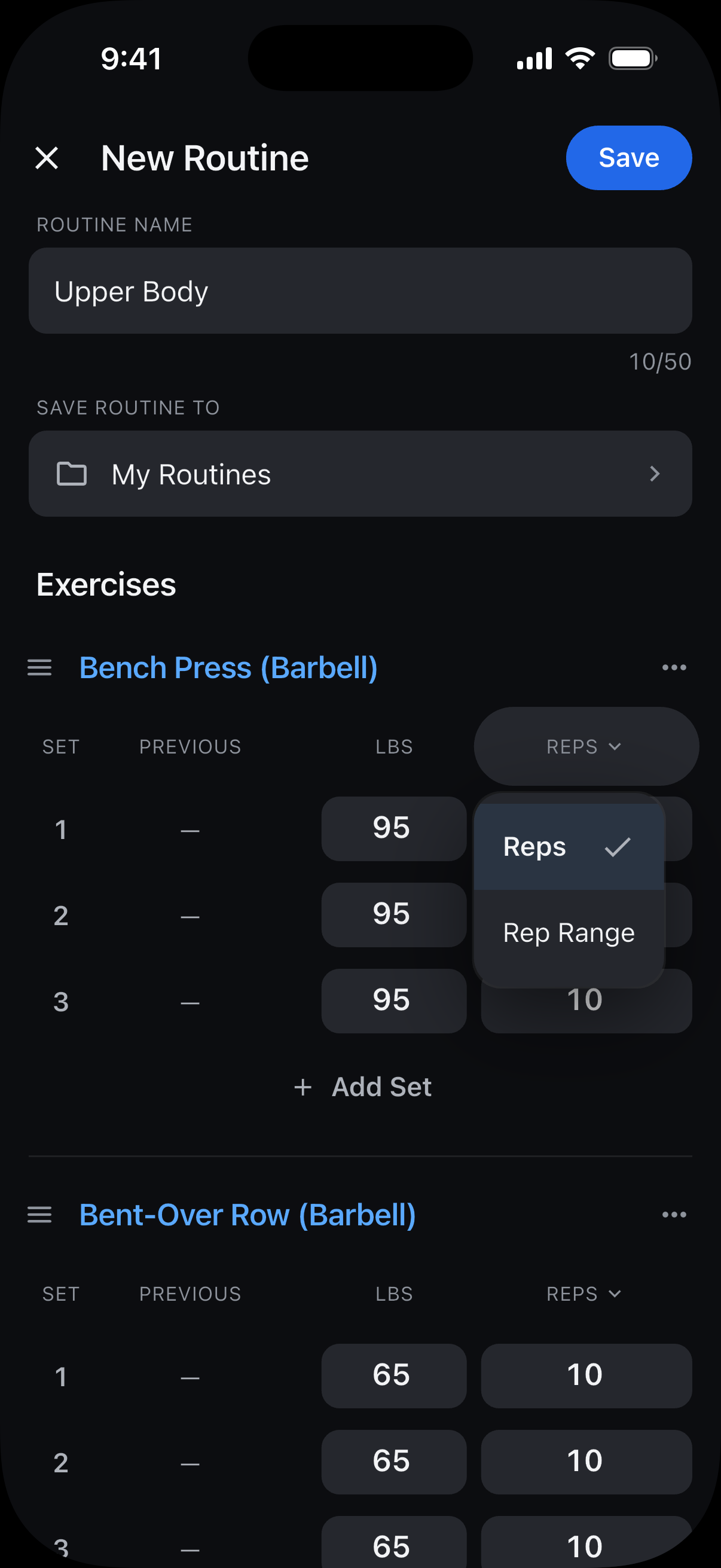 Repetition options open above Bench Press sets, with Reps and Rep Range choices.