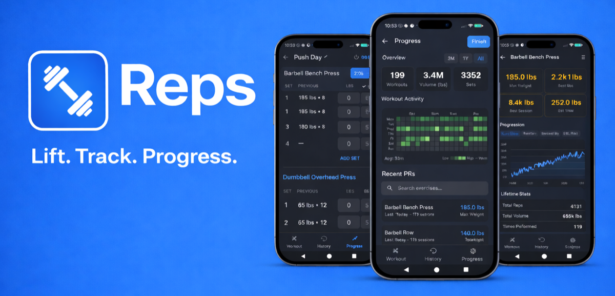 Reps app screenshots showing workout logging, history, and progress tracking