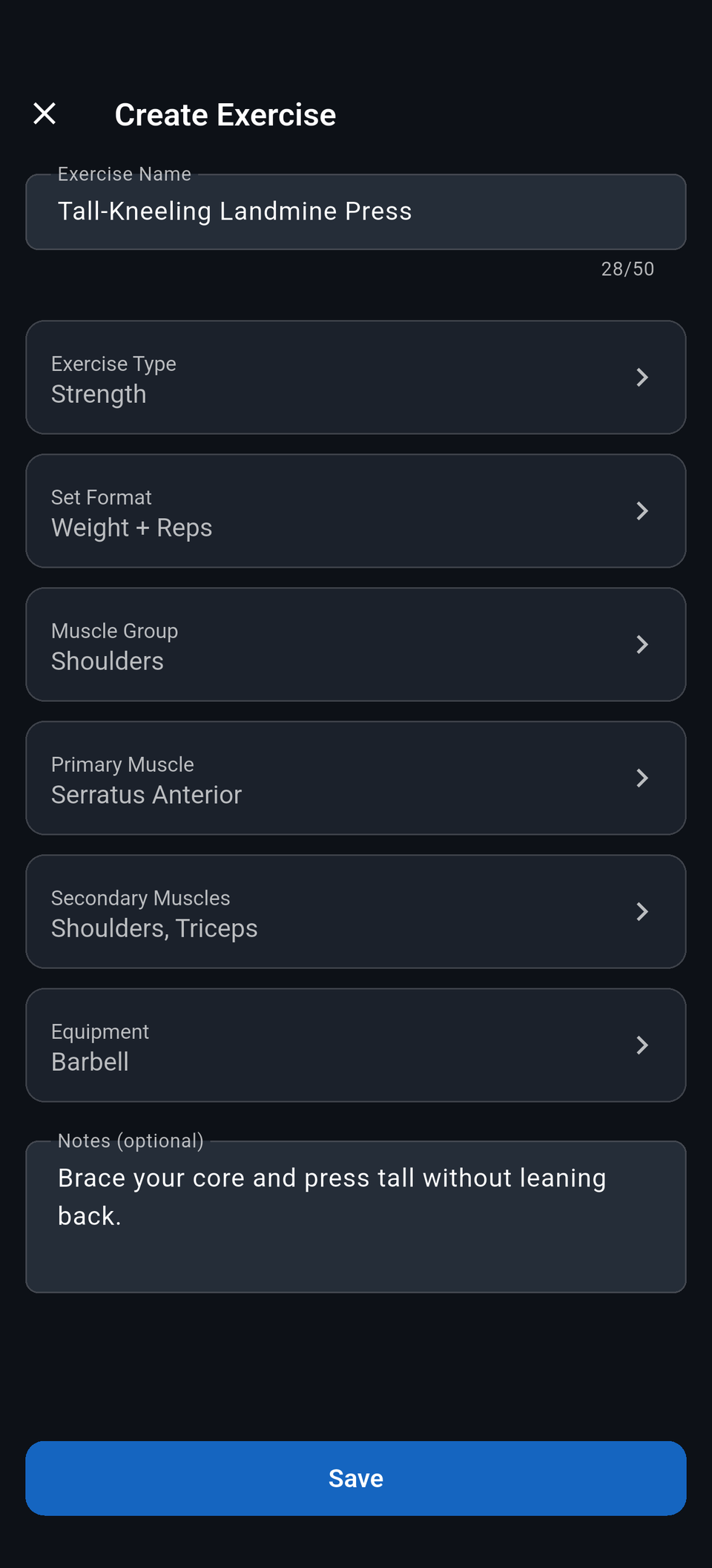 Reps create custom exercise screen with name, muscle groups, and equipment