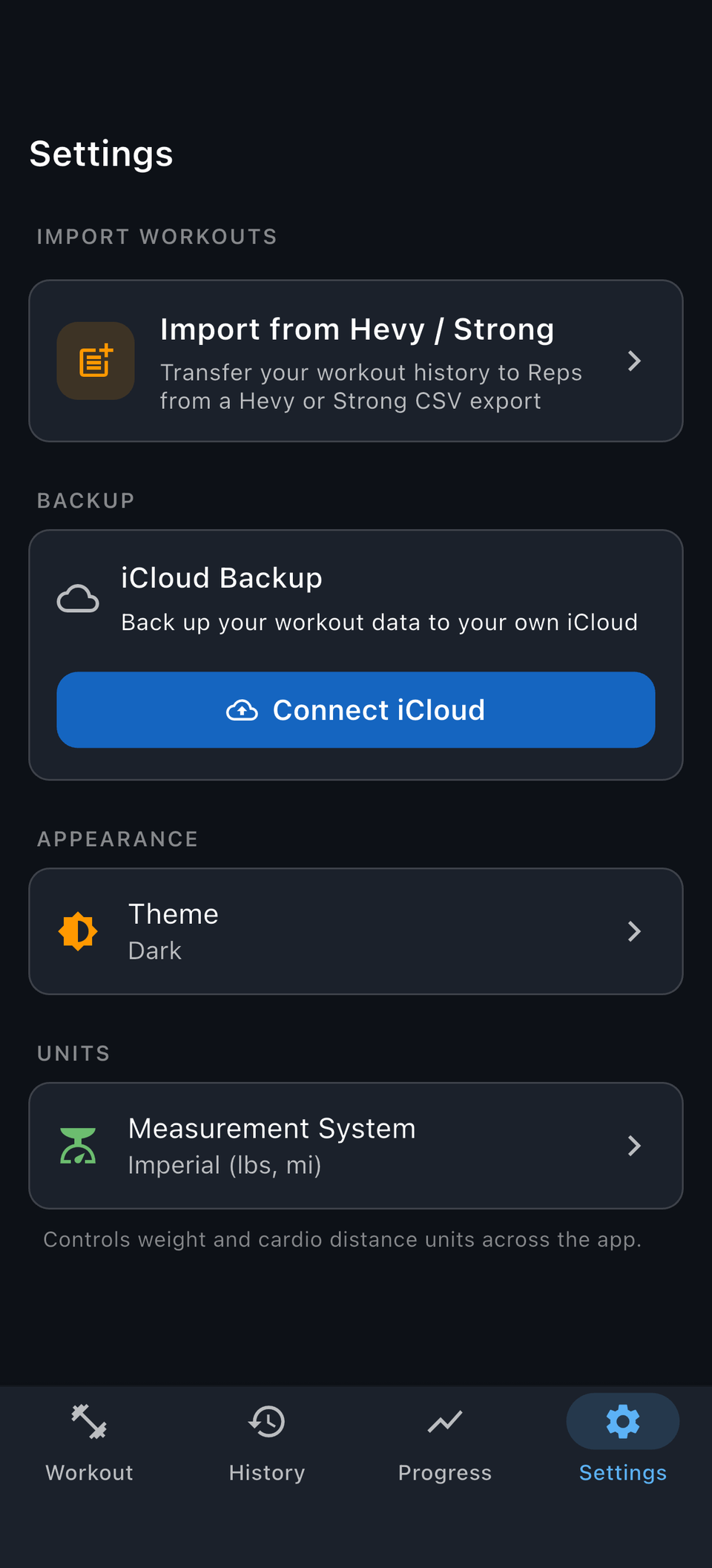 Reps settings showing Strong and Hevy import and iCloud backup controls