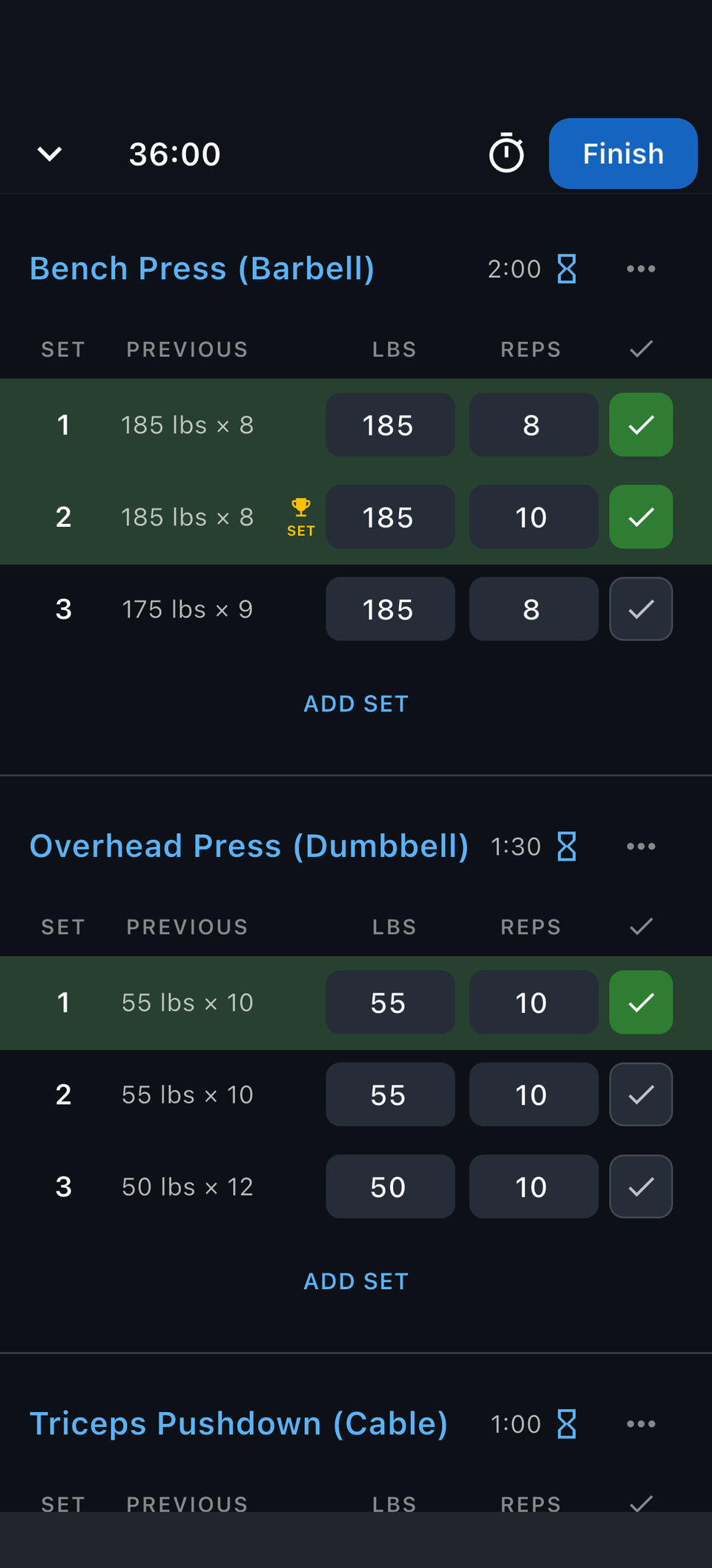 Reps lifting log with previous set results shown beside each new set