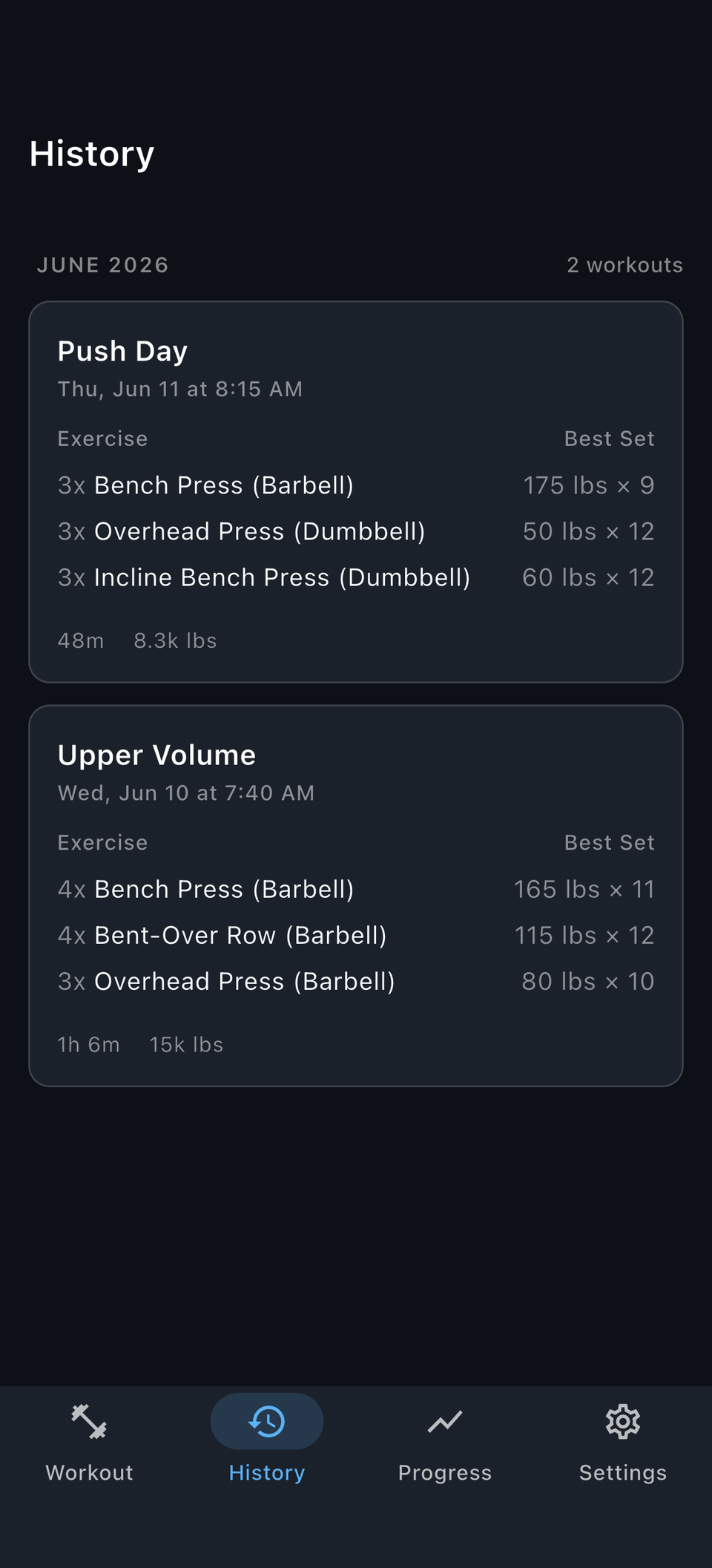 Reps history tab with workouts grouped by month, best sets, and volume