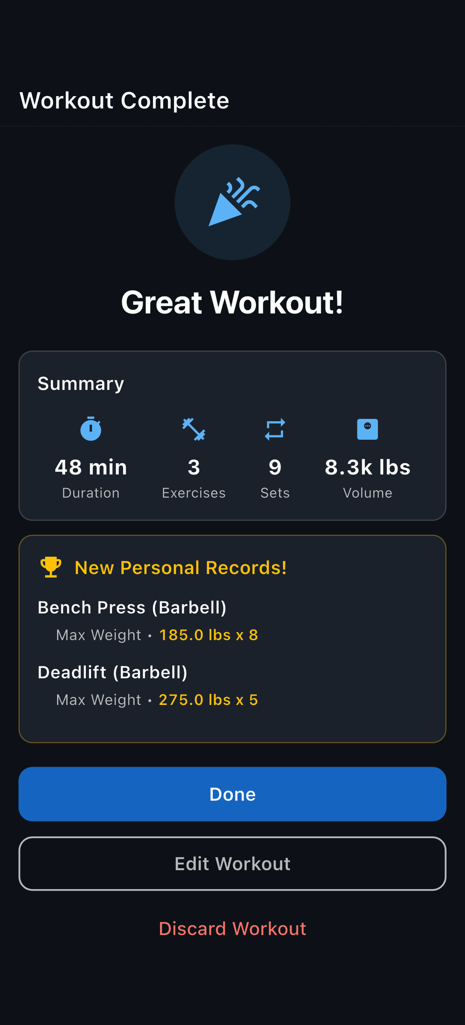Reps workout complete summary with new personal records for bench press and deadlift